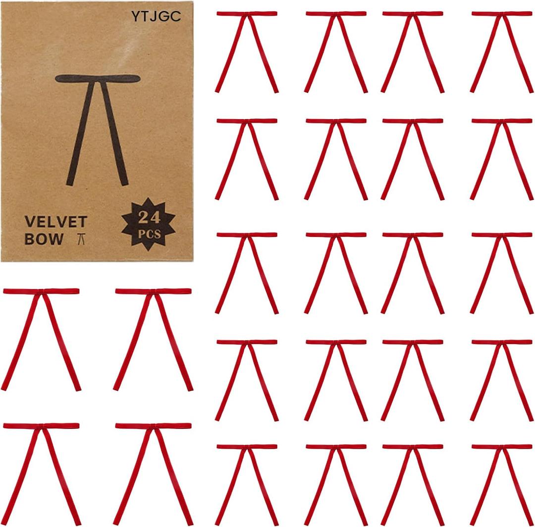 2 x 24 Pcs Red Velvet Ribbon Christmas Tree Bows Bow Tree Topper Door Garland Decor Vintage Wreath Bow Velvet Bows Ornaments for Christmas Trees Gifts Party Door Garland Wreath Deco (Red)