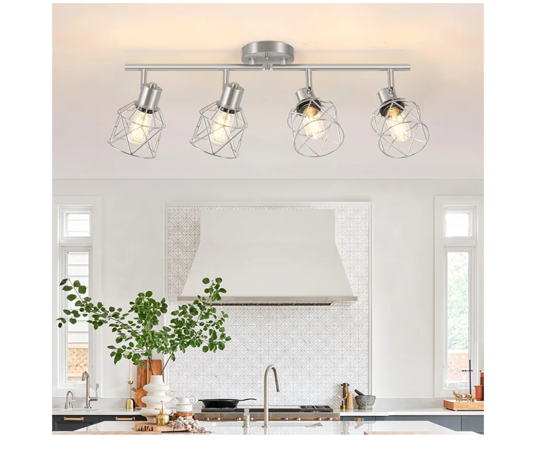 4-Light Kitchen Lighting Fixtures, Adjustable Multi-Directional Brushed Nickel Track Ceiling Light, Semi Flush Mount Ceiling Spotlight with Wire Cages for Living Room, Bedroom, Hallway