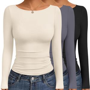 Ekouaer Long Sleeve Shirts Casual Basic Tees Boat Neck Tops (S)