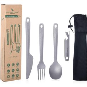 Boundless Voyage Utility Cutlery Set Titanium Spoon Fork Knife & Bottle Opener for Travel Camping in Easy to Store Cloth Case Ti1066T
