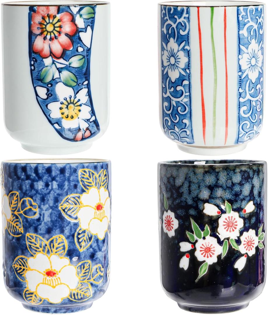 Set of 4 Japanese Tea Cups, 10 Oz Ceramic Handleless Coffee Mugs, Compact Ceramic Tea Cup Floral Pattern for Tea Matcha Latte Juice Gifts, Microwave Dishwasher Safe