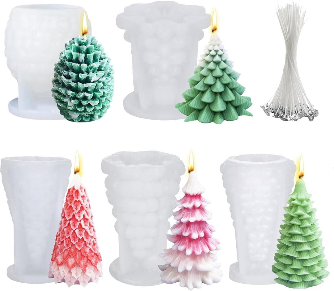 MGLIFEUL 5 PCS 3D Christmas Tree Pine Cone Silicone Candle Soap Epoxy Resin Wax Mold Silicone Shapes Christmas Tree Mold For Candle Resin Soap Craft Cake Chocolate Making Kit Christmas Gift Decoration