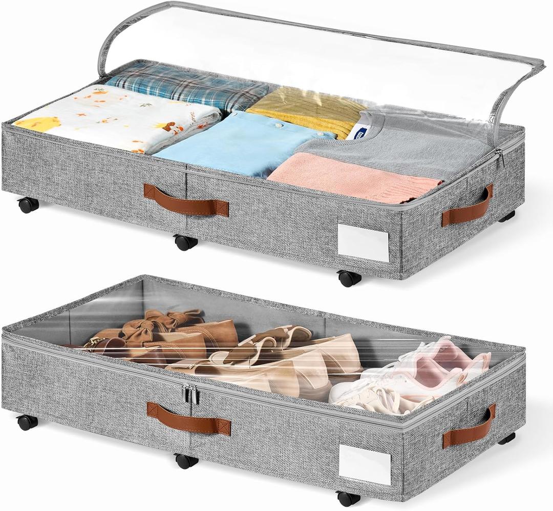 6 Inches Under Bed Storage with Wheels Pack of 2, Underbed Shoe Storage Container Bin with Clear Lid Cover, Rolling Under Bed Drawer Bag Basket for Shoe Organizer Sheet Sweater - Grey