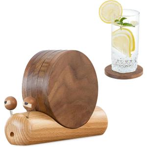 Wooden Coasters for Drinks-Natural Acacia Wood Drink Coaster with Magnetic for Coffee Table,Fun Cute Coasters with Holder for Modern Home Decor-Set of 5 (3.5*3.5 inches)