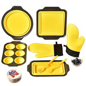 8 Piece Nonstick Baking Pans, Silicone Bakeware Set with Press to Release Design, Oven Mitts, Spatula & Brush Flexible, Stackable, BPA Free, Dishwasher & Oven Safe, Yellow