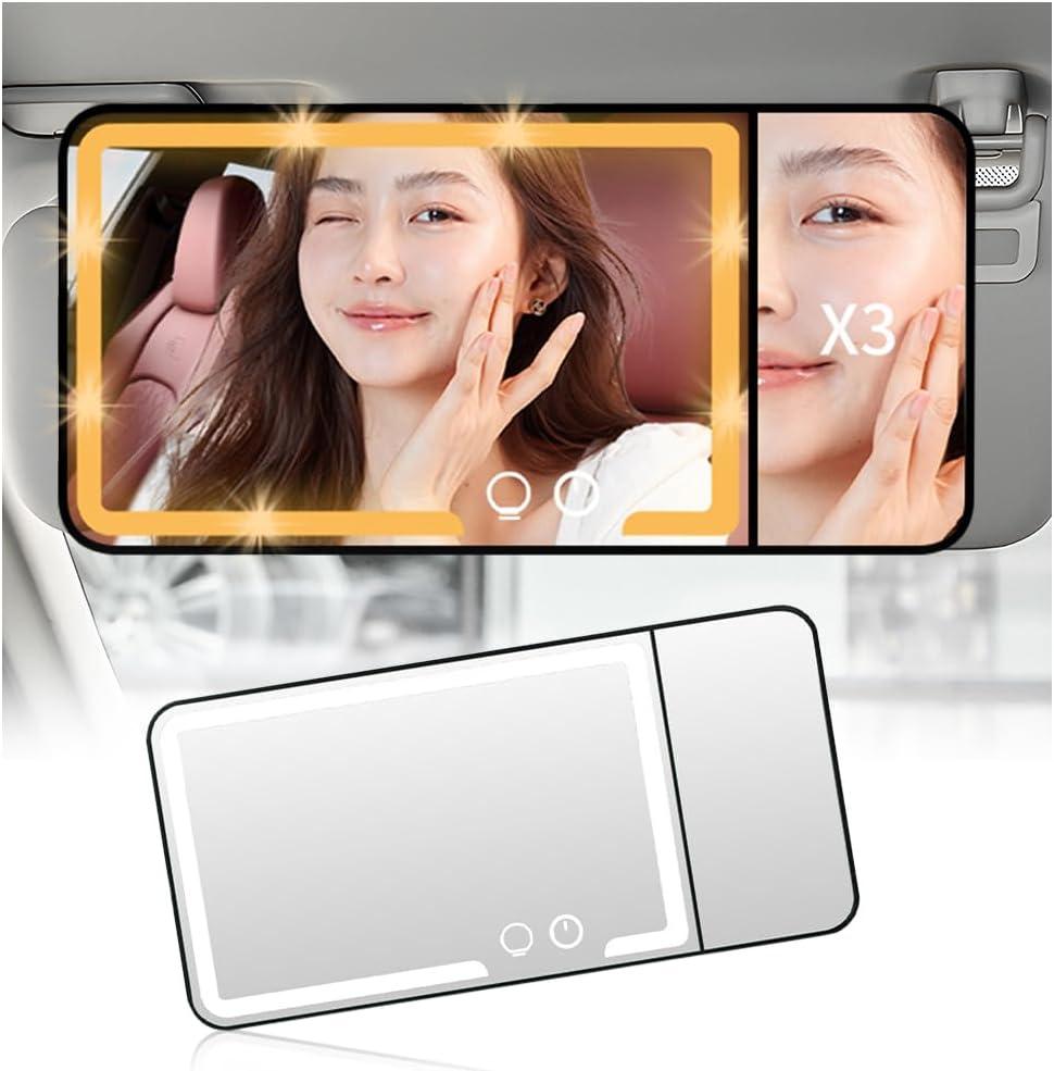 2026 New Car Vanity Mirror with Lights,3X Magnifying Car Visor Mirror with 3-Color Dimmable Lights & Smart Touch Control,Rechargeable Cars Makeup Mirrors for Cars/SUVs/Trucks