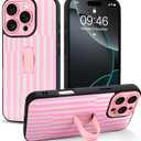 for iPhone 16 Pro Max Case with Finger Hand Strap Kickstand, Trendy Cool Striped Phone Case for Women Men, Full Camera Protection Shockproof Protective Cover, White and Pink Stripes