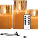 GenSwin Rechargeable LED Flameless Flickering Glass Candles with Remote Timer, Battery Operated Pillar Candles Long Lasting Gold Real Wax USB Candle (D 3”×H 4”5”6”)