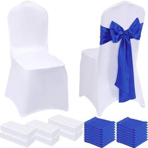 Mepase 100 Pcs White Chair Covers Set with 50 Stretch Spandex Chair Covers 50 Chairs Sashes Bows Universal Fitted Cover Removable Washable for Wedding Party Dining Banquet(White, Royal Blue)