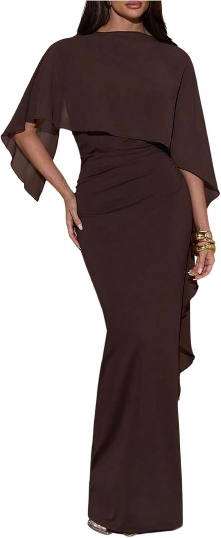 SOLY HUX Women's Elegant Bodycon Maxi Dresses Evening Fishtail Shawl Dress Cocktail Formal Gowns Pure Brown X-Large