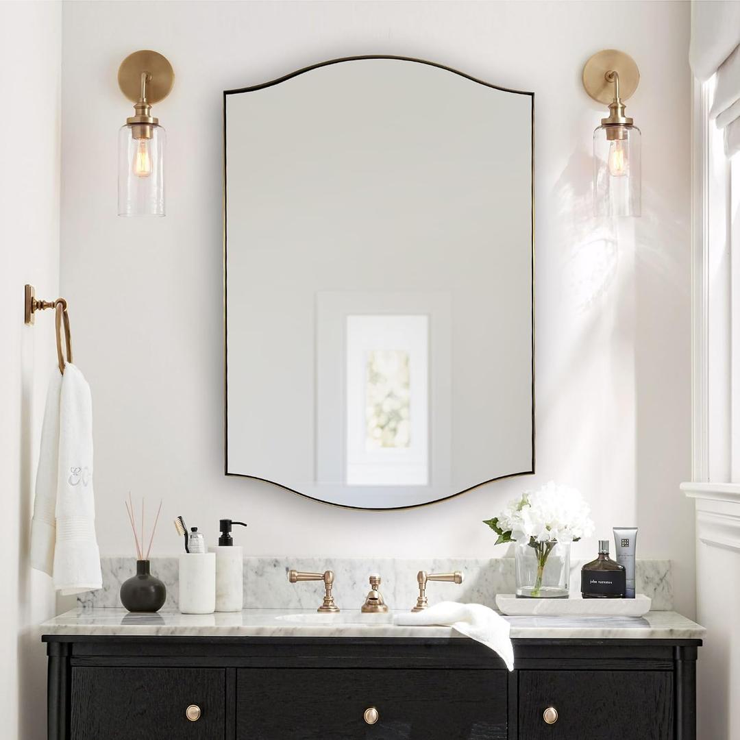 ANDY STAR Gold Bathroom Mirror, 24"x36" Brushed Brass Scalloped Wall Mirror in Stainless Steel Metal Frame, Unique Vanity Mirror with Modern Curved Edge Design, Ideal for Bathroom, Bedroom, Entryway