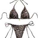 SHENHE Women's String Bikini Set Leopard Print Halter Triangle Side Tie Cheetah Swimsuits 2 Piece (Coffee Brown), S