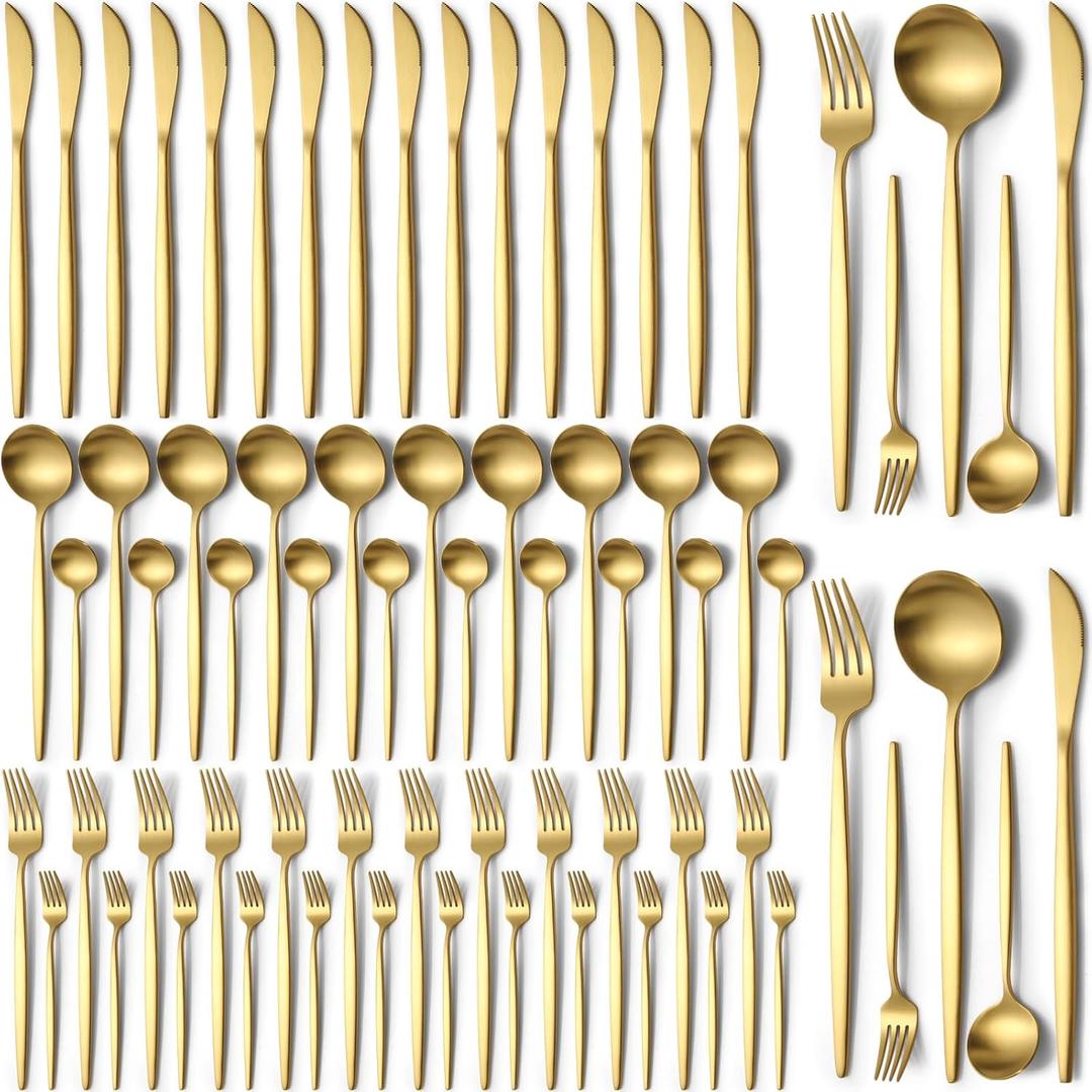 60 Pieces Stainless Steel Silverware Set, Flatware Cutlery Set Service for 12, Tableware Cutlery Set Include Knife Fork Spoon Set, Utensils for Home, Restaurant, Hotel, Dishwasher Safe (Gold)