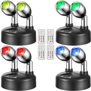 Honoson 4 Pack Dual Head Battery Operated Spotlights Indoor Wireless RGB LED Spot Light with Remote 13 Color Accent Lights with Rotatable Head Stick on Wall Hallway, for Painting Picture(Black)