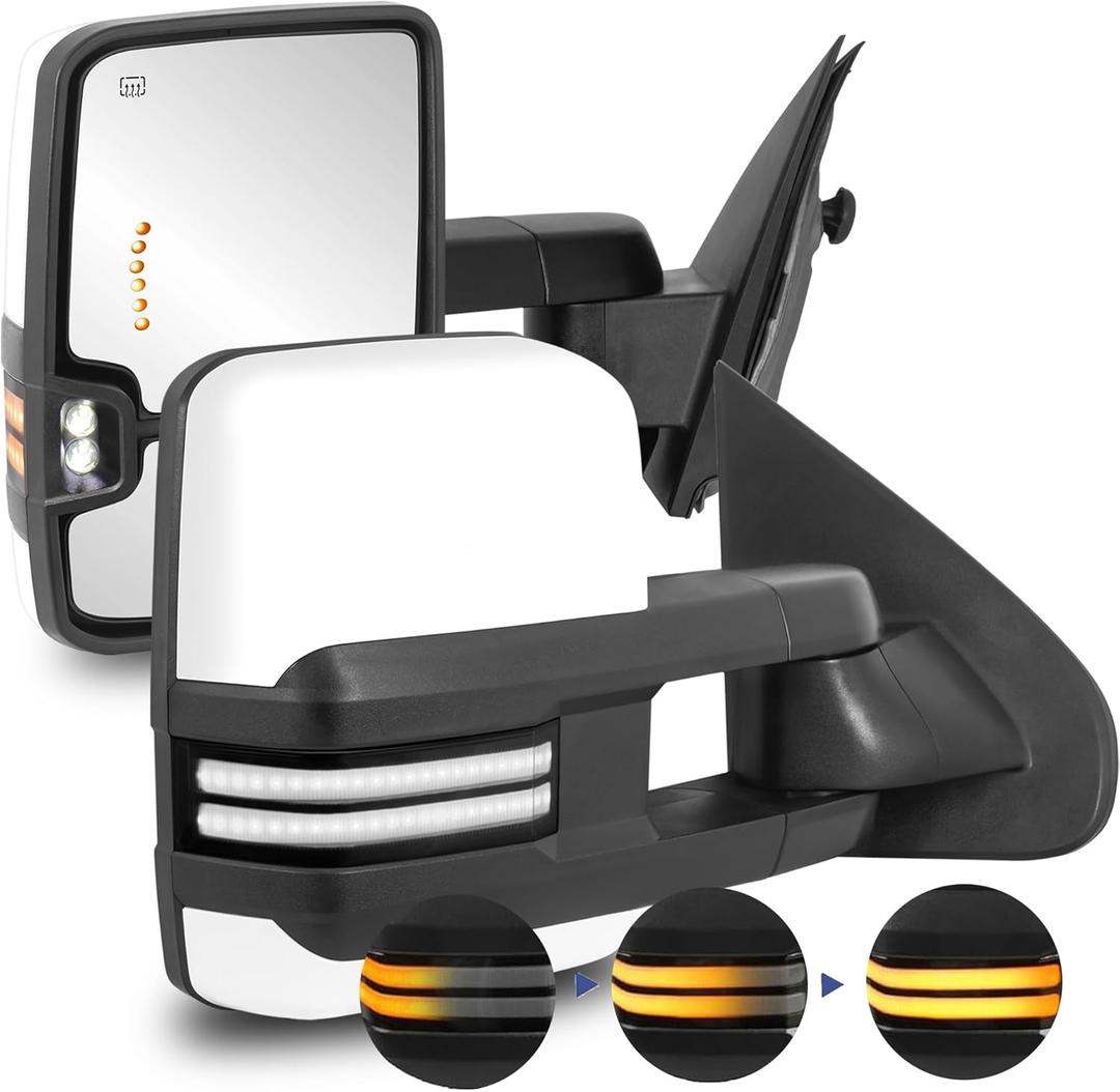 2PCS Painted White Towing Mirrors Power Heated Compatible for 2008-2013 Chevy Silverado Suburban Tahoe GMC Serria Yukon w/Sequential Turn light, Clearance Lamp, White Running Light