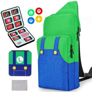 Owngen Travel Bag for Nintendo Switch/Lite/OLED, for Super Luigi Portable Gaming Sling Chest Shoulder Crossbody Carrying Accessories Storage Backpack with Cute Game Card Case, 4 Thumb Grip Caps (Blue)
