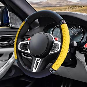 ZIMISI Bling Soft Leather Steering Wheel Cover, 15" Anti-Slip Sparkly Crystal Auto Elastic Steering Wheel Protector for Women Girl, Colorful Diamond Car Interior Accessory for Most Cars (Yellow)