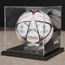 Soccer Ball Display Case Clear Acrylic Display Case Box with Mirror Back and Black Metal Grooved Base Stackable Holder with Removable Built-in Soccer Ball Stand for Sports Collectibles