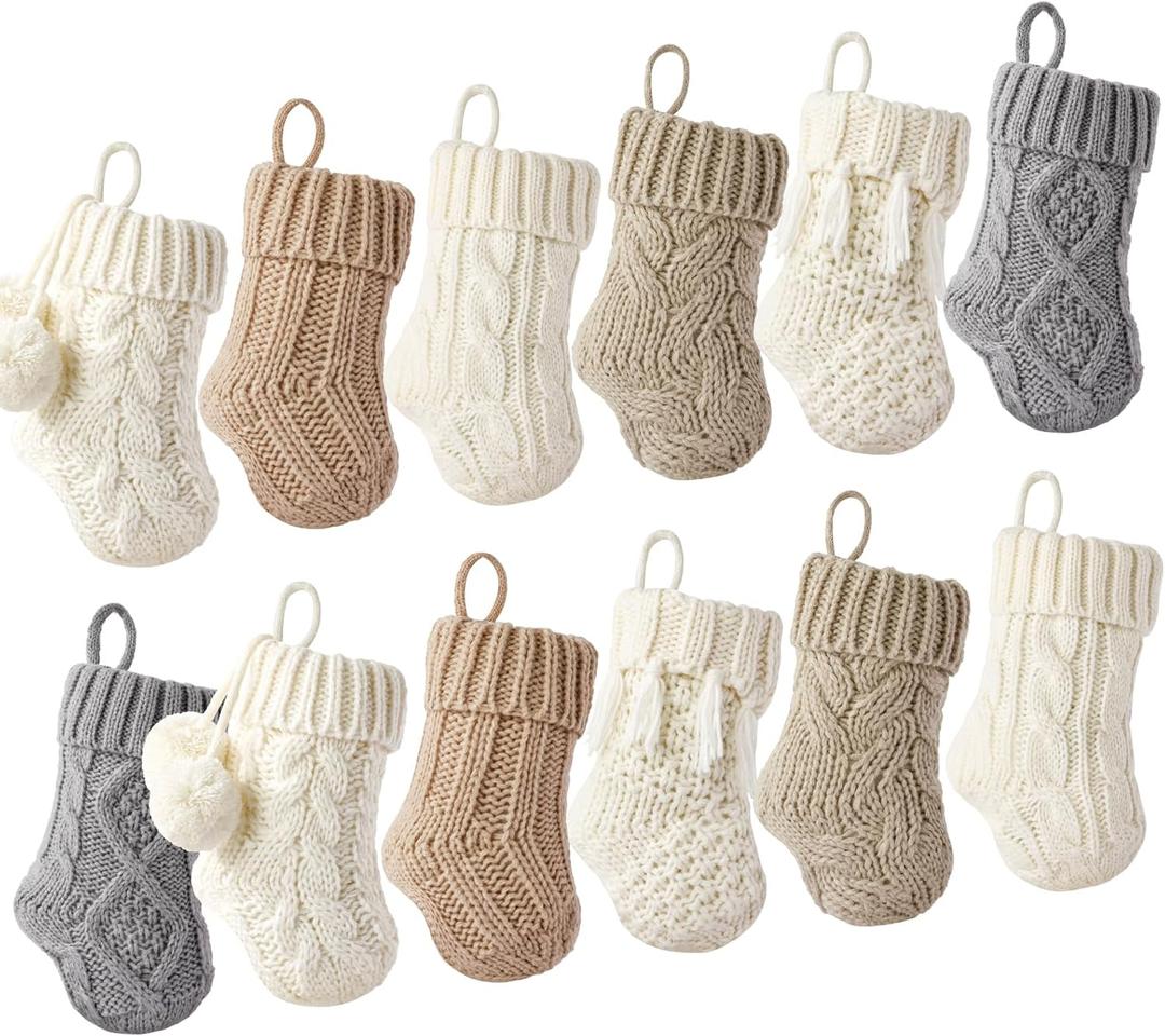 Farmhouse Knitted Mini Christmas Stockings: 12 Pack 7 Inch Cable Knit Fireplace Stockings, Rustic Cozy Hanging Xmas Stockings Decorations for Indoor Family Holiday Decor Dcor, White Grey Light Brown