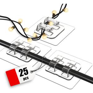 Hooks for Outdoor String Lights, 25 Pack Heavy Duty Cable Clips, Damage Free Cord Clips, Waterproof and UV-Resistant, Clear Self-Adhesive Hooks for Hanging Christmas Lights Outdoor and Patio Decor