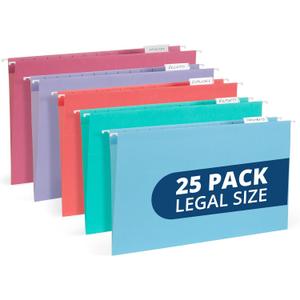 25 Blue Summit Supplies Legal Size Hanging File Folders - Assorted Gem Tone Colors (Turquoise, Teal, Coral, Purple, Magenta), Durable 11pt Paper, Plastic Tabs and Inserts Included