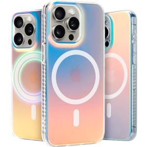 LONLI Hue - Magnetic Case for iPhone 15 Pro - [Compatible with Magsafe] - [360 Shock-Absorbent Bumper] - [Cute and Unique Phone Cover for Girls and Women] - Holographic Iridescent (*PrismGlow)