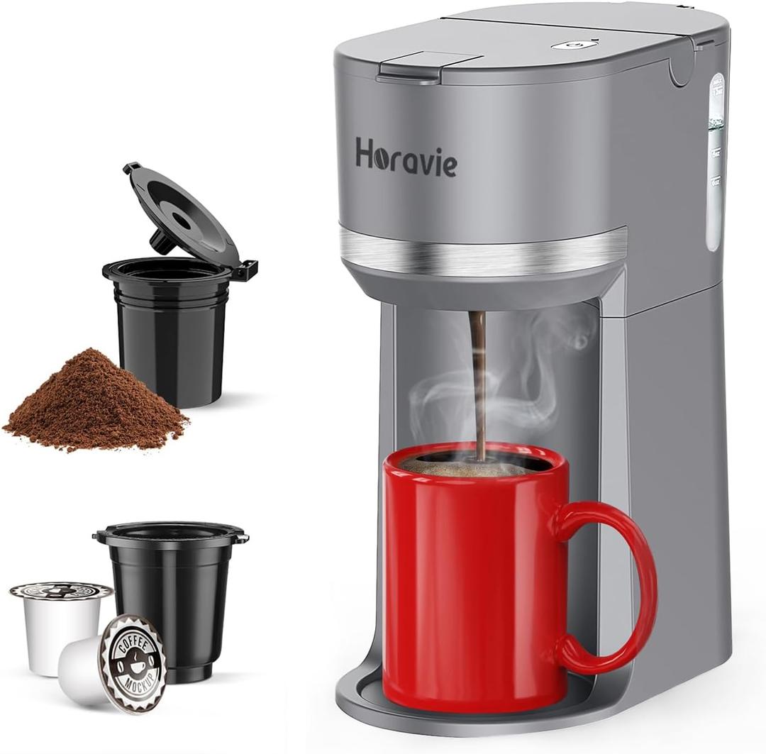 Horavie Mini Single Serve Coffee Maker for K Cup and Ground Coffee, Fast Brew One Cup Coffee Machine with Descaling Reminder and Water Window, 6 to 12 oz. Brew Sizes, Grey