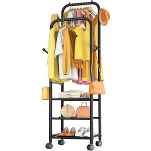 Furologee Rolling Clothing Racks for Hanging Clothes, Double Rods Clothes Rack With Wheels, Sturdy Coat Racks,Portable Metal Garment Rack for Bedroom Laundry Living Room, Black