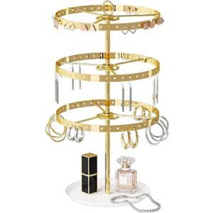 3-Tier Metal Earring Organizer Stand, 360 Rotation, 126 Holes, T-Shape Display Rack (Gold)