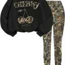 Girl's 2 Piece Camo Graphic Outfits Long Sleeve Crewneck Sweatshirt and Leggings Y2K Cute Streetwear (Black)