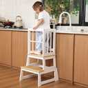 Kids Kitchen Step Stool, Ideal Toddler Learning Standing Tower, 2025 New Upgrade with an Anti-tip Structure and Anti-Drop Safety Bar, More Stable and Safer - White Natural