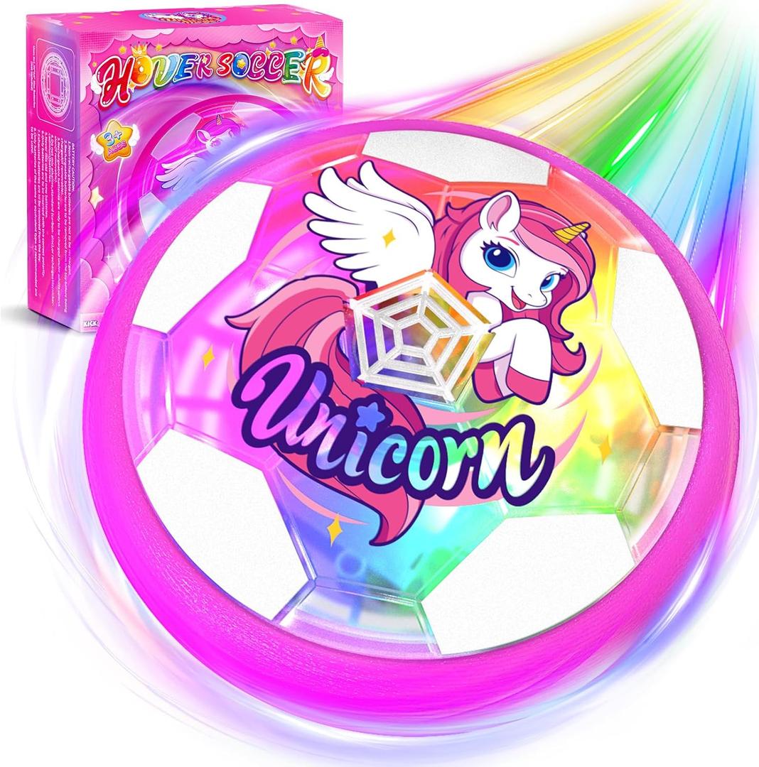 Unicorn Hover Soccer Ball for Girls, Light Up Air Floating Toys for Girls Age 3 4 5 6 7 8 9 10 11 12, Indoor Toy Birthday Gifts, Kids Games with LED Lights Foam Bumper, Kids Stocking Stuffers