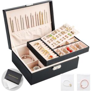 Jewelry Boxes for Women Girls 2 Layers leather Jewelry Organizer Case with Lock Storage Box Removable Tray for Necklace Earring Ring with Polishing Cloth and Jewelry Bags (Black)