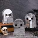 Whaline 3Pcs Halloween Disco Ghost Decor 6 Inch Cute Ghost Disco Ball Table Centerpieces Mosaic Spooky Tiered Tray Decor for Home Kitchen Holiday Set