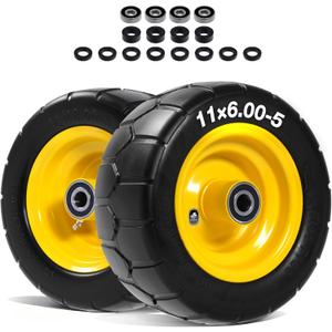 11x6.00-5 Flat Free Lawn Mower Tire and Wheel with 3/4" bearing bore, with 5/8 Bearings & Spacers, Y-Pattern Tread, Fits Zero Turn Mower and Garden Tractor, 450 lbs Capacity, 2-Pack