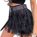 happlan Women's Rhinestone Fringe Mini Skirt with Belt (Large, Black)