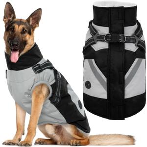 IECOii Dog Coat for Large Dogs Waterproof Dog Winter Jacket with Harness Built in, Black - XXLarge, Thermal Warm Fleece Lined, Reflective Dogs Jackets for Cold Weather Camping, Hiking, Pitbull