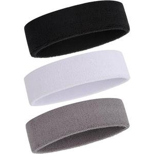 ONUPGO 3 Pack Sweatbands Sports Headbands for Men & Women,Cotton Headband Terry Cloth Sweatband for Tennis,Basketball,Football,Gym,Working Out - Moisture Wicking Elasticity (3 Black/Gray/White)