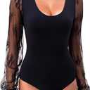 Long Sleeve Body Suits Womens Double Lined Round Neck Lace Bodysuit For Women (Large, Black)