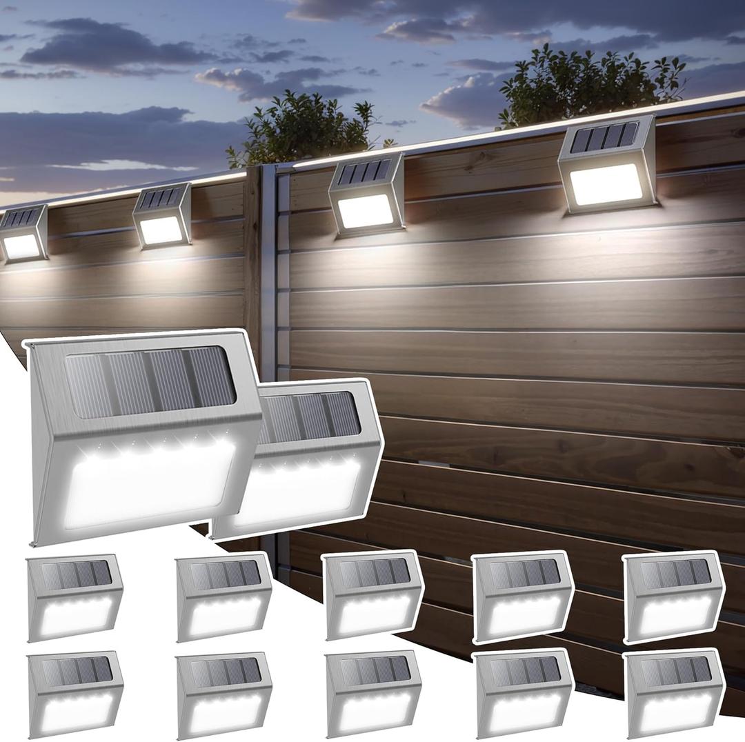 Otdair Solar Lights Outdoor Waterproof, Solar Fence Lights Auto On/Off, Bright LED Outdoor Lighting for Fence, Patio, Deck, Garden, Pathway (12 PCS, Silver-White)