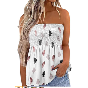 SZSMFZ Womens Smocked Strapless Bandeau Tank Tops Floral Tube Tops Backless Bandeau Tunic Tops Sleeveless Shirts, XL