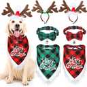 6 Pieces Christmas Dog Bandana Bow Tie with Reindeer Headband Costume Xmas Buffalo Plaid Pet Triangle Scarf Bib Adjustable Bowtie Collar for Dogs Cats Pets Christmas Decoration (Red, Green,Cute Style)