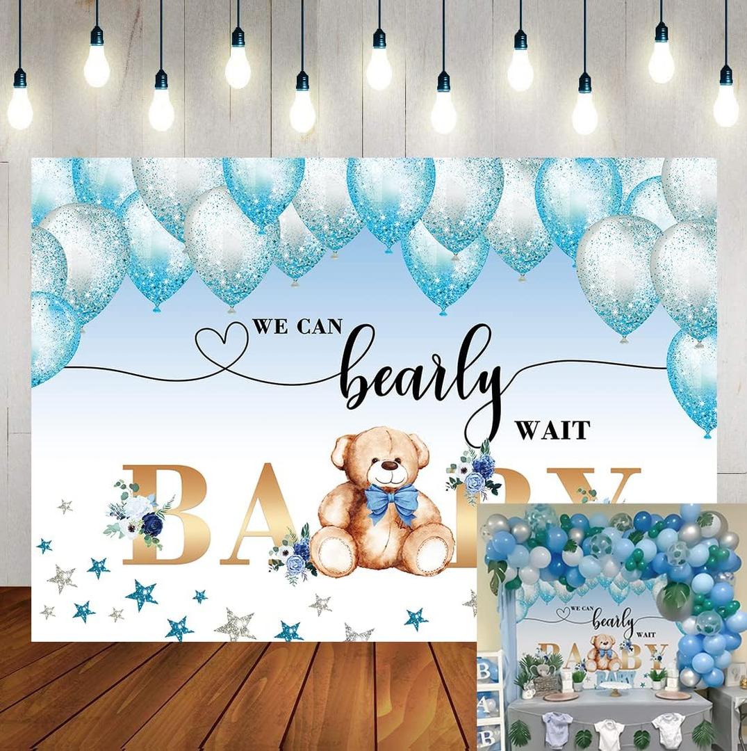 WR Bear Baby Shower Party Backdrop We Can Bearly Wait Watercolor Blue Balloons Star Leaves Background Baby Shower Boy Birthday Party Cake Table Decoration Photo Booth Props 7x5FT