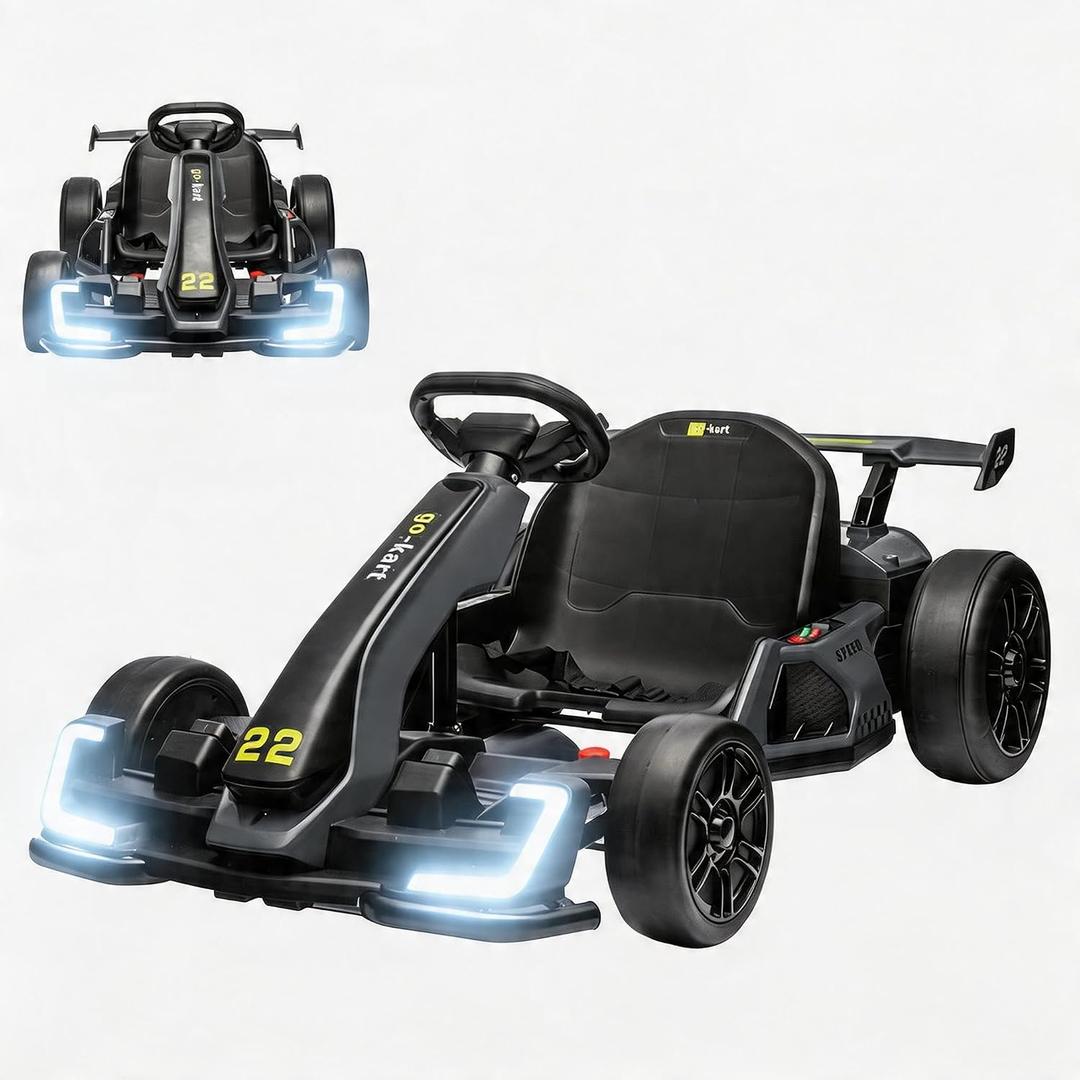 GarveeLife 24V Electric Go Kart for Kids，Powerful Drift Kart with 2 * 150W Motors, Adjustable Seat, 8 mph Speed, Led Lights ，Outdoor Riding Toy for Children Ages 6-15,Grey, Large