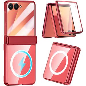 YQODSZ for Samsung Galaxy Z Flip 7 2025 Magnetic Case, Clear Phone Case with Magsafe Accessories, Screen Protector, Hinge Cover, Anti-Yellow, Full-Body Slim Thin Red Case
