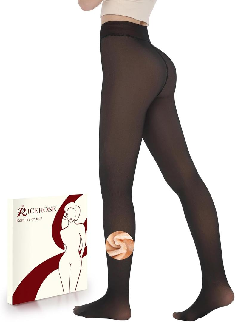 iceROSE Fleece Lined Tights Women - Sheer Black Thermal Leggings Thick Warm Pantyhose Fake Translucent Dress for Cold Winter (Small-Medium)