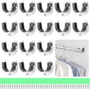 16 Pack Stainless Steel Closet Pole Sockets, 1-1/4 Inch Closet Rod Support U-Shaped Curtain Rod Holders Flange Set Rods Holder with Screws