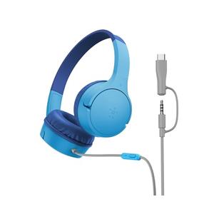 Belkin SoundForm Mini Kids Wired Headphones w/USB C to 3.5mm Dongle, Built-in Mic & Fun Stickers, 85dB Max Volume – for Online Learning, Travel, Compatible w/iPhone 16, iPad, Galaxy S25, etc - Blue