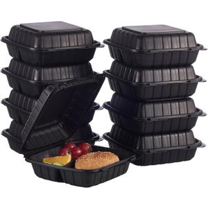 FULING [8x8-Inch, 50 Pieces, 3-Compartment Disposable To Go Box Containers, Plastic Clamshell Takeout Food Trays, Microwave Safe, Cut Resistantstable Hinged Lid, Hybrid Polypropylene, Black