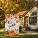 Heyfibro Hello Fall Pumpkin & Fallen Leaves Garden Flag 12x18 Double Sided Burlap, Autumn Maple Leaf Flower Yard Flags for Thanksgiving Rustic Seasonal Outside Outdoor Decoration (ONLY FLAG)